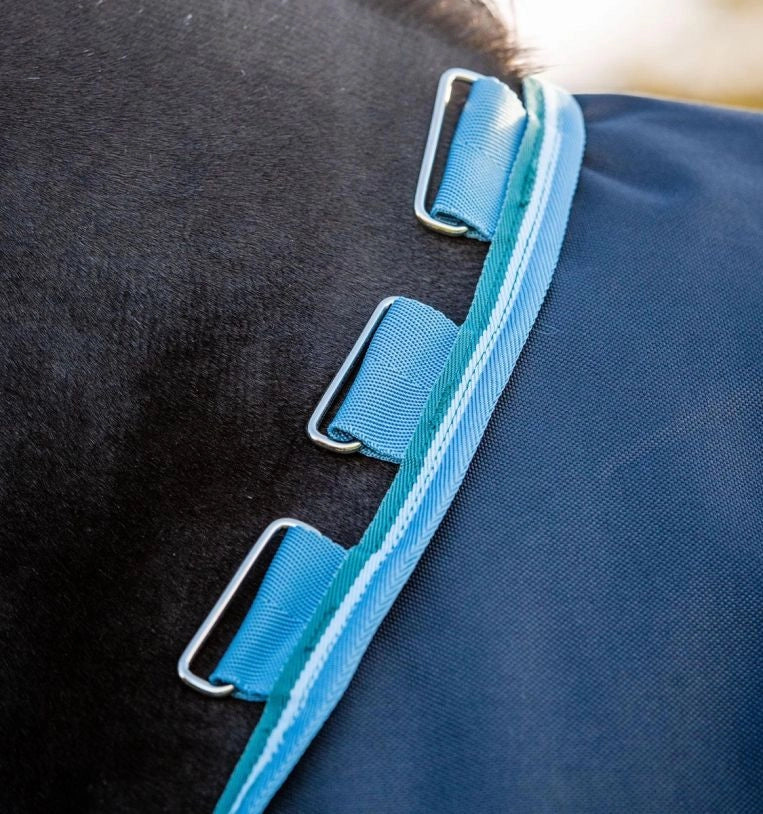 Horseware Amigo Bravo 12 Original Turnout with Disc Front Closure (100g Light) Navy/Turquoise & Aqua & Blue