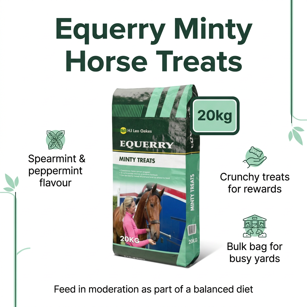 Equerry Minty Horse Treats 20kg infographic with spearmint and peppermint flavour, crunchy rewards and bulk bag features