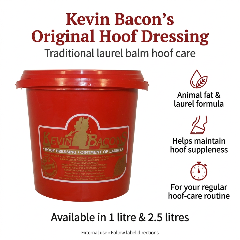 Kevin Bacon’s Original Hoof Dressing infographic featuring laurel balm hoof conditioning and 1 litre and 2.5 litre options