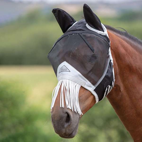 Shires FlyGuard Pro Fine Mesh Fly Mask With Ears & Nose Fringe Black