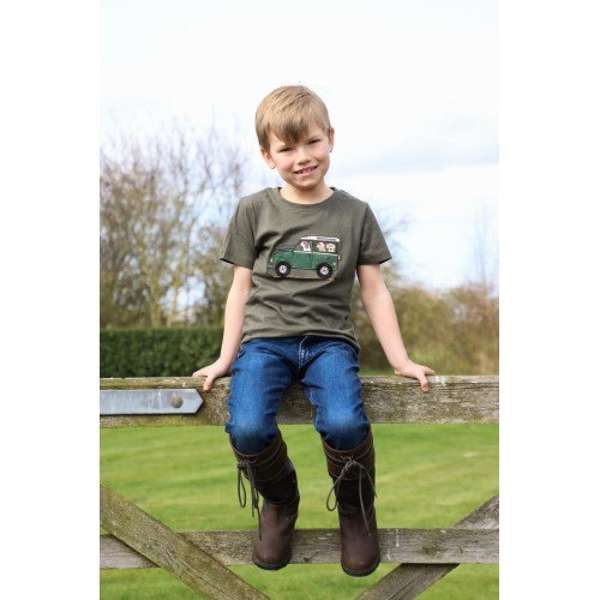 British Country Collection Offroader & Dogs Kids T-Shirt Olive