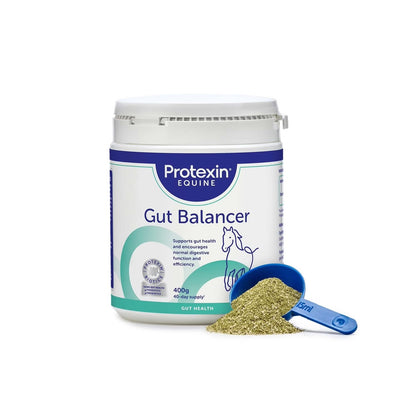 A container of Protexin Equine Gut Balancer with a blue scoop next to it, showing the product and its packaging.