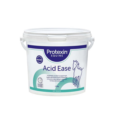 A white plastic bucket of Protexin Equine Acid Ease gut health supplement, featuring a white label with blue and teal accents and a horse illustration.