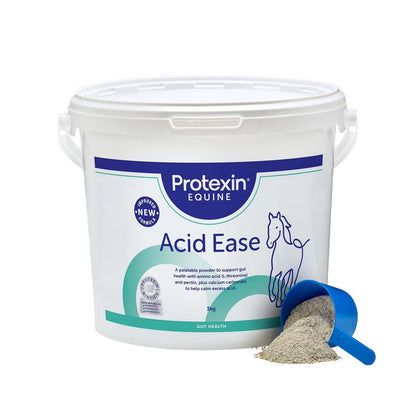 A white plastic bucket of Protexin Equine Acid Ease supplement designed for horses. The bucket is labeled with the product name and an image of a horse.