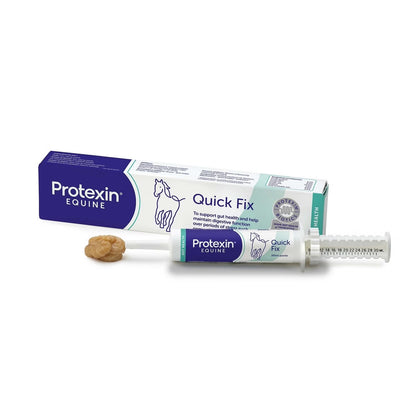 Protexin Equine Quick Fix equine dental supplement shown with its blue and white cardboard box, a white and blue syringe applicator, and two small brown tablets on a clean white background.