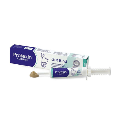 Protexin Equine Gut Bind veterinary treatment shown with its blue and white cardboard box and a syringe containing the gel, on a plain white background.