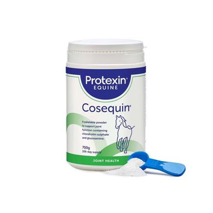 A white plastic tub of Protexin Equine Cosequin joint health supplement powder, shown with a blue scoop filled with white powder on a clean white background.