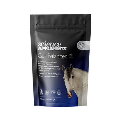 A stand-up pouch of Science Supplements Gut Balancer for horses, featuring a black and blue design with a photo of a white horse on the front.