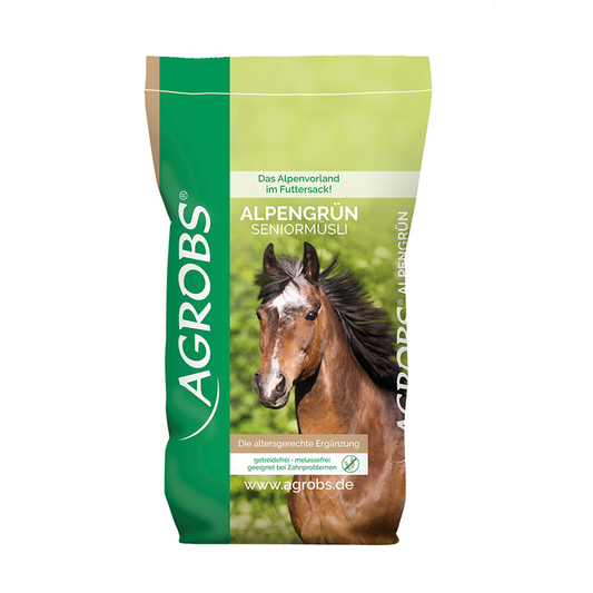 Bag of Agrobs Alpengrun Senior Muscle supplement for horses on a white background
