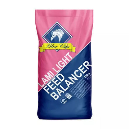 A 15kg bag of Blue Chip Lam Light Feed Balancer, featuring a pink and navy blue design with a yellow brand banner and white text.