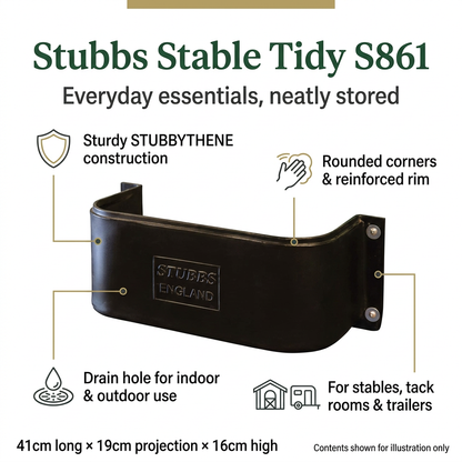 Stubbs Stable Tidy S861 black wall-mounted storage infographic showing features and dimensions of 41cm long, 19cm projection and 16cm high