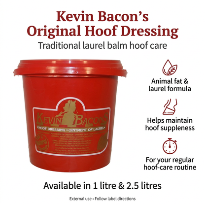 Kevin Bacon’s Original Hoof Dressing infographic featuring laurel balm hoof conditioning and 1 litre and 2.5 litre options