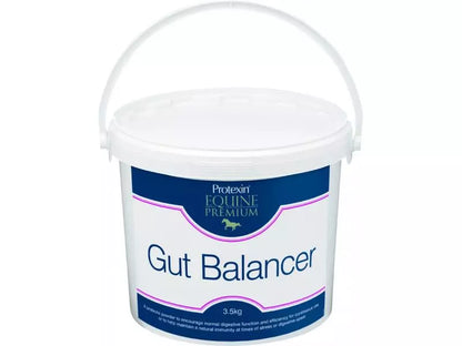 A container of Protexin Equine Gut Balancer with a blue scoop next to it, showing the product and its packaging.