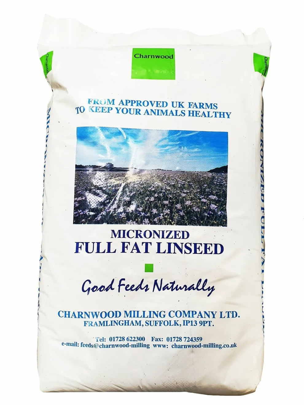 A white bag of Charnwood Micronized Full Fat Linseed feed, featuring blue text and a central photograph of a field under a blue sky.