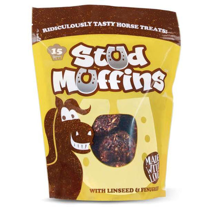 A bag of Stod Muffins horse treats on a plain white background. The packaging is yellow and brown, featuring a cartoon horse and a clear window showing the round horse treats inside.