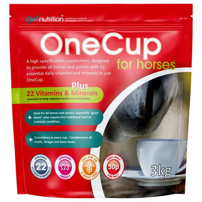A 3kg stand-up pouch of OneCup Plus horse supplement by One Nutrition, featuring a red package with white, yellow, green, and blue text and imagery of a horse and a cup.