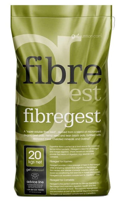 A green stand-up pouch of FibreGest FibreGest 20 kg net fiber supplement for horses, featuring black and white text on a clean white background.