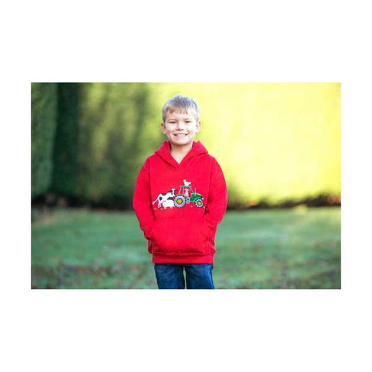British Country Collection Farmyard Kids Applique Hoodie Red