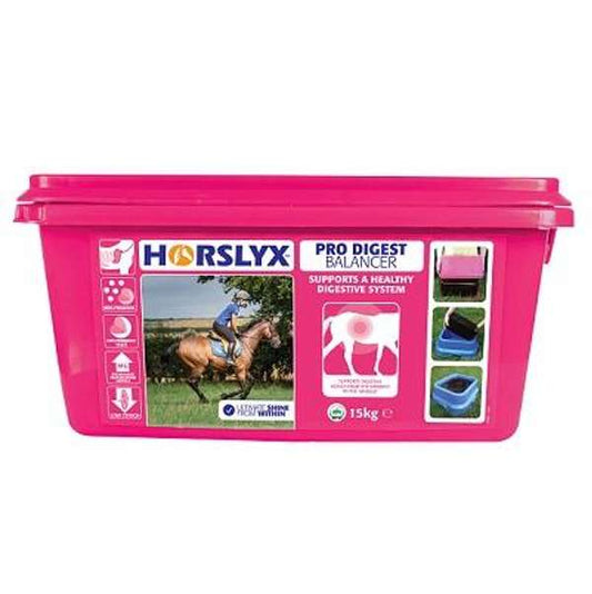 Containers of Horslyx Pro Digest Balancer horse feed 15kg in pink and white colors, with images of horses on the labels.