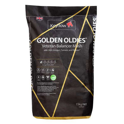 A 15kg bag of Keyflow Golden Oldies Veteran Balancer Mesh dog food on a plain white background.