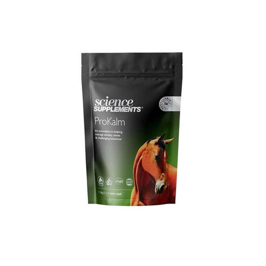 A black plastic bucket of horse supplement labeled 'ProKalm' from Science Supplements, featuring an image of a brown horse on the label.