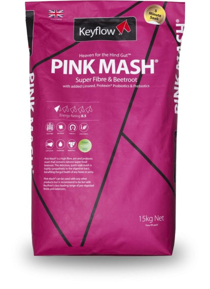 A 15kg bag of Keyflow Pink Mash Super Fibre & Beetroot dog food, featuring a bright magenta-pink packaging with black geometric lines and white text.